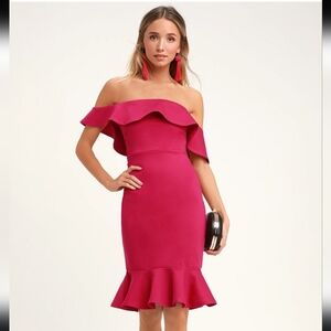 Lulus Confidence Boost Magenta Off-the-Shoulder Bodycon Midi Dress New Size L